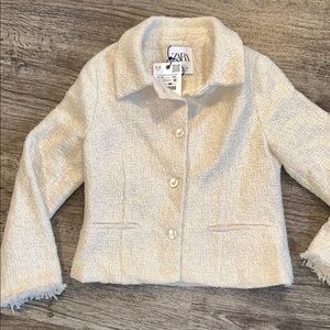 Zara Kids Bouclé Cropped Jacket Frayed Trim Chanel Inspired Blazer